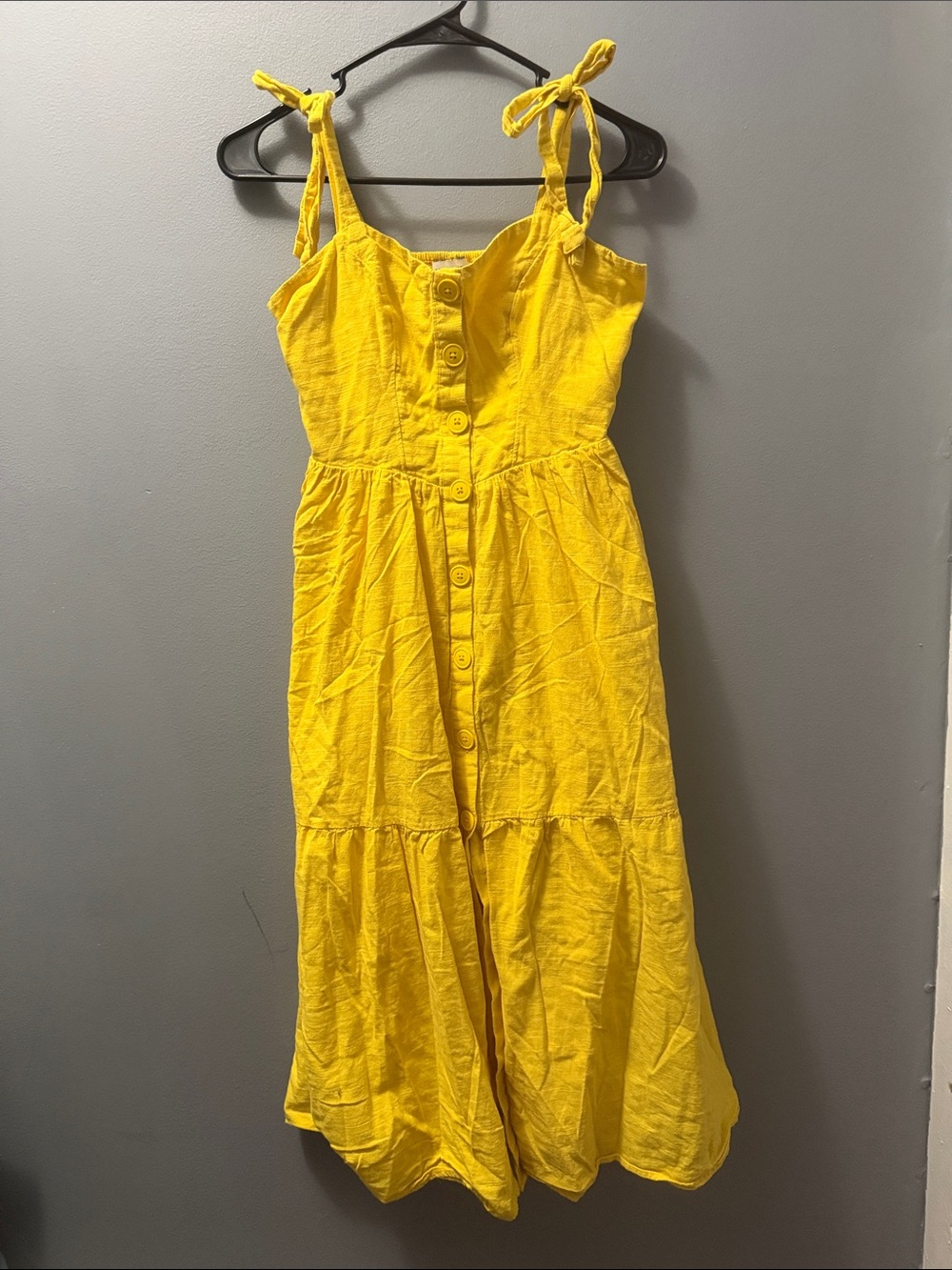Urban Outfitters Tie-Shoulder Yellow Button-Front Sundress with Pockets
